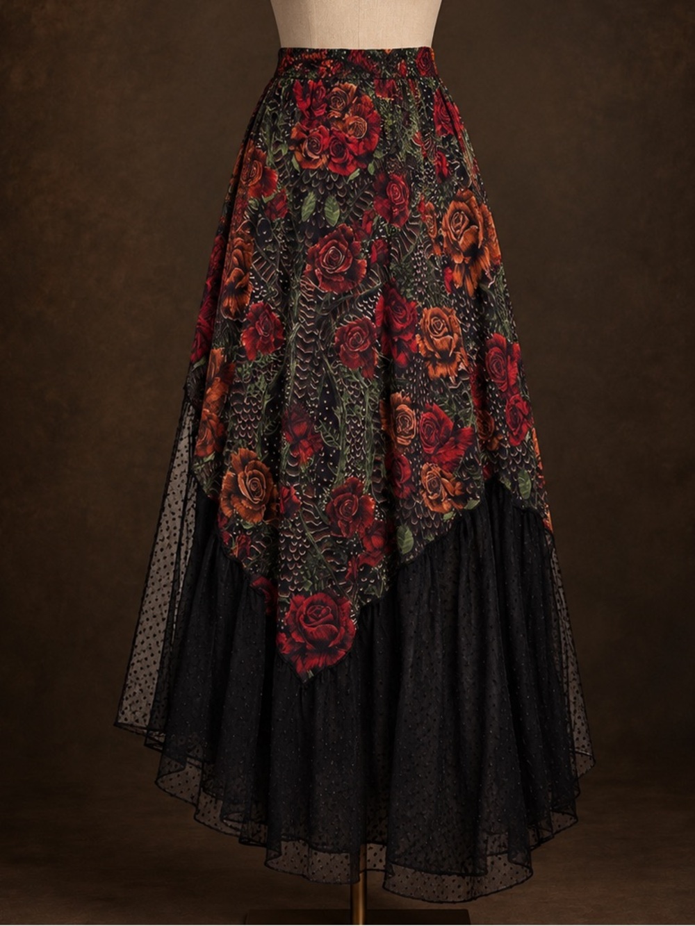 Just Cavalli Black Midi Dress with Red & Brown Rose Print